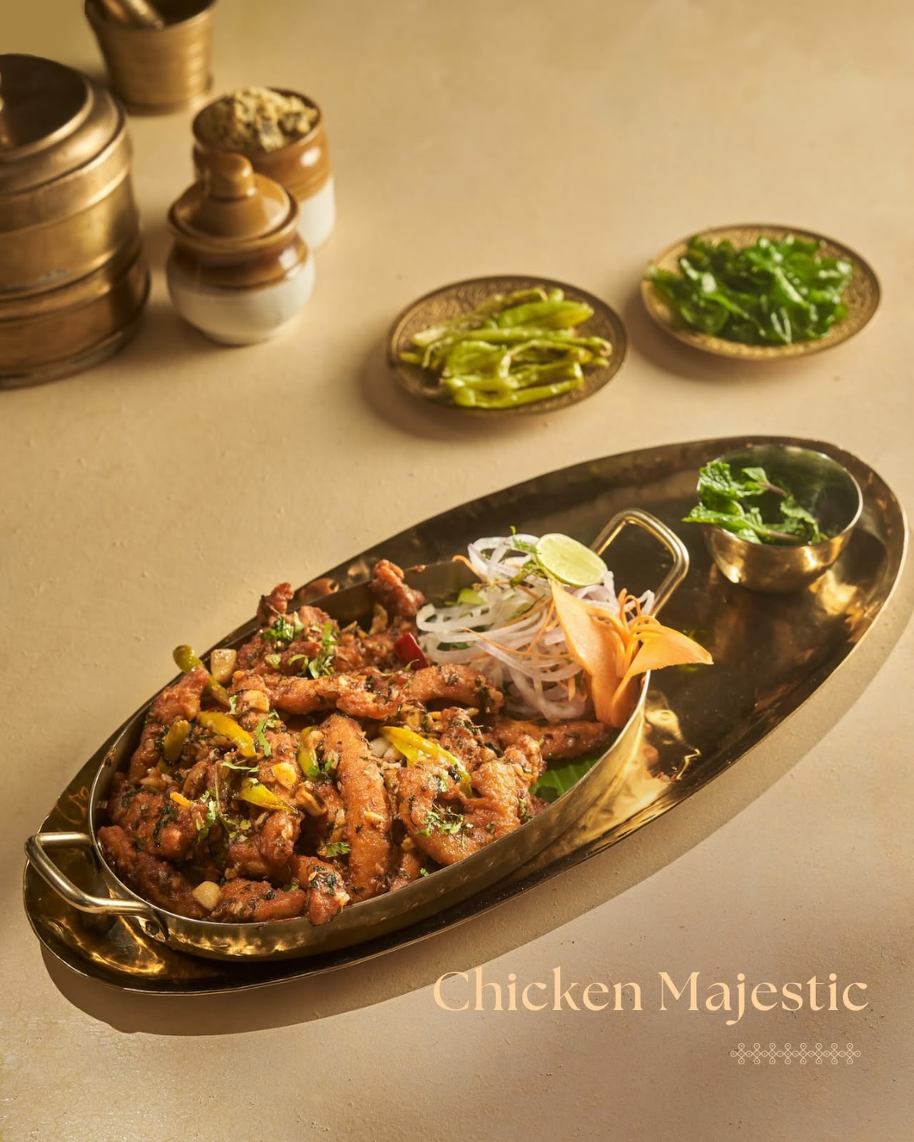 Chicken Majestic - Fried chicken strips stir fried with spices, garlic, and yogurt sauce