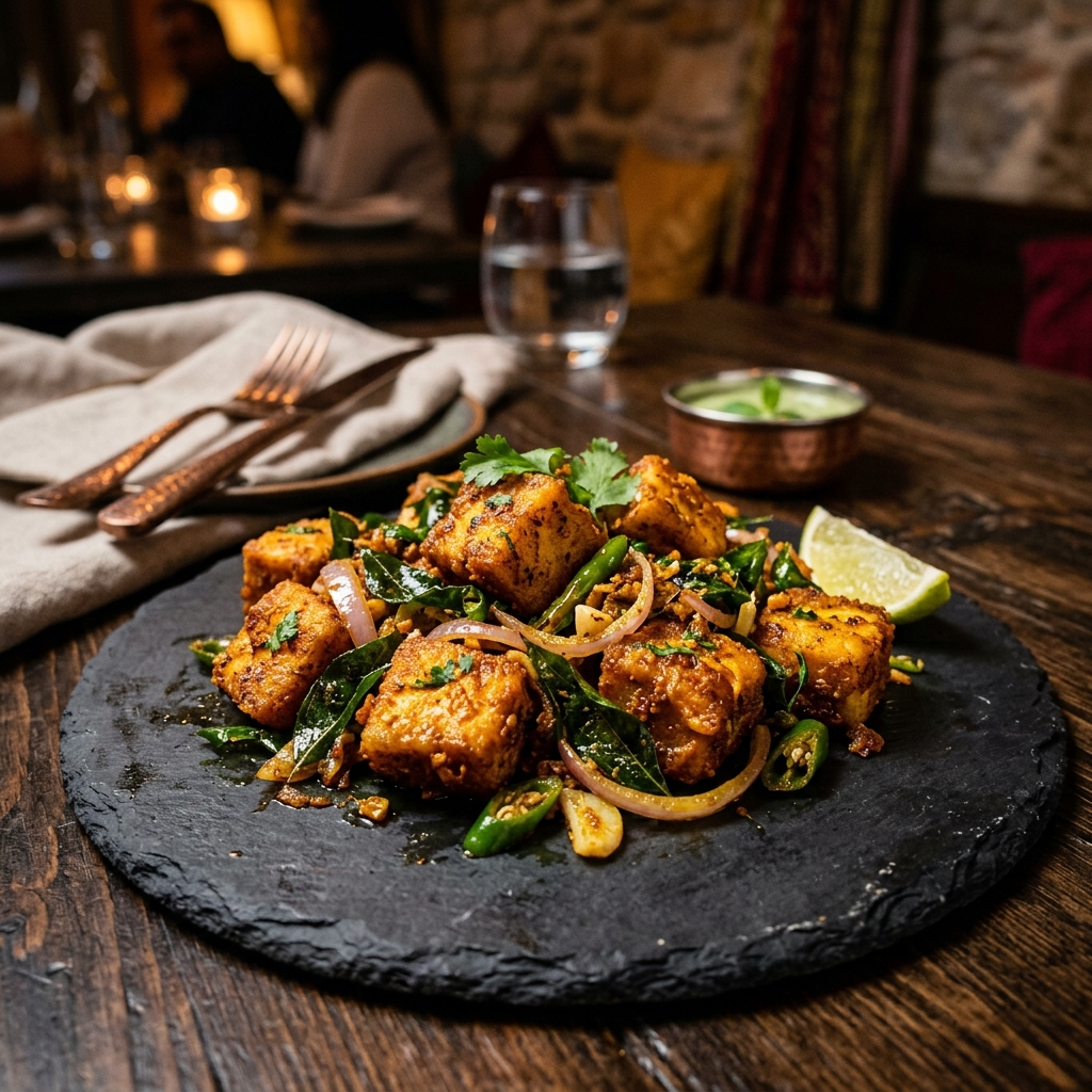 Apollo Fish Ã¢â‚¬â€ crispy fried fish tossed in fiery tempering with curry leaves, green chillies and spices on dark slate plate