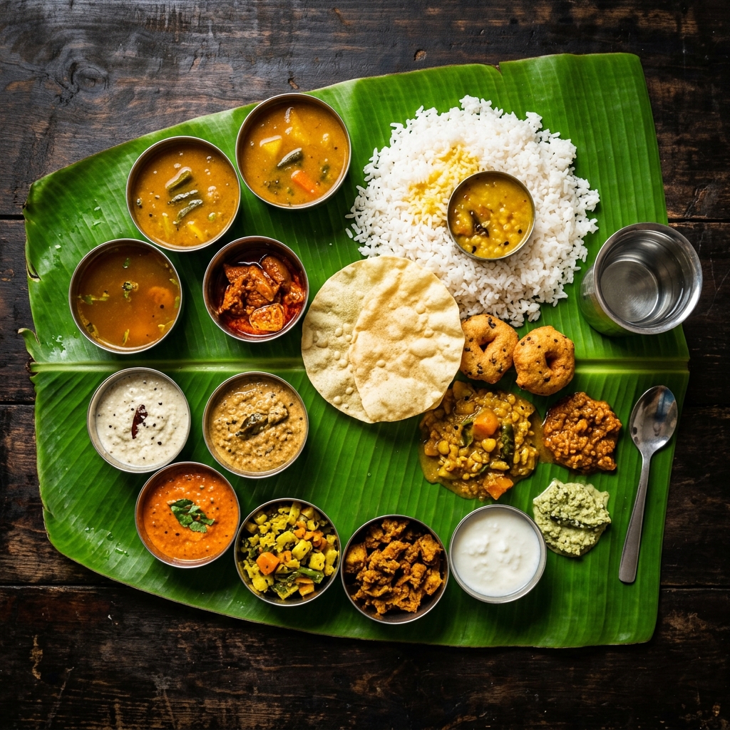 Aritaku Bhojanam Ã¢â‚¬â€ traditional Andhra banana leaf meal with multiple curries, rice, rasam, sambar, chutneys and papad served on a large green banana leaf
