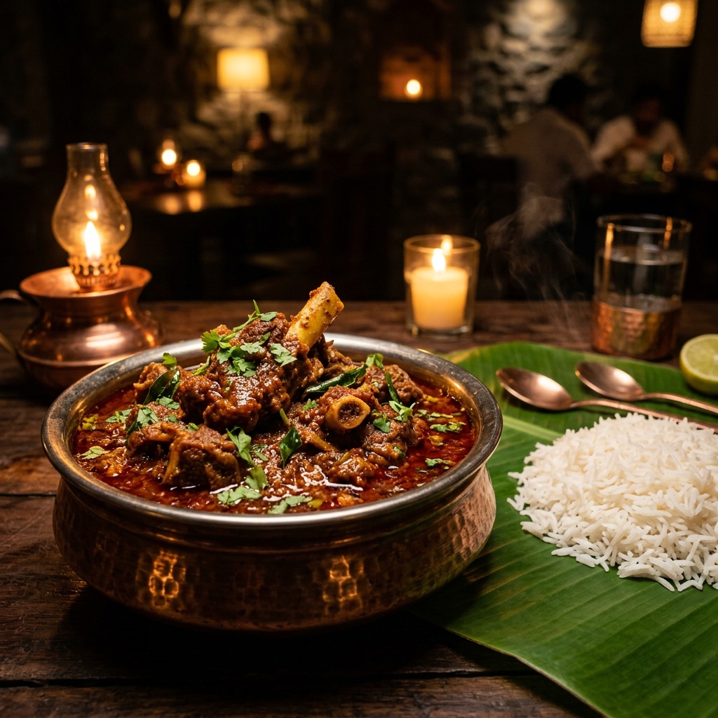 Rich Andhra Mutton Curry with tender bone-in mutton in dark red gravy served in traditional bronze bowl with rice