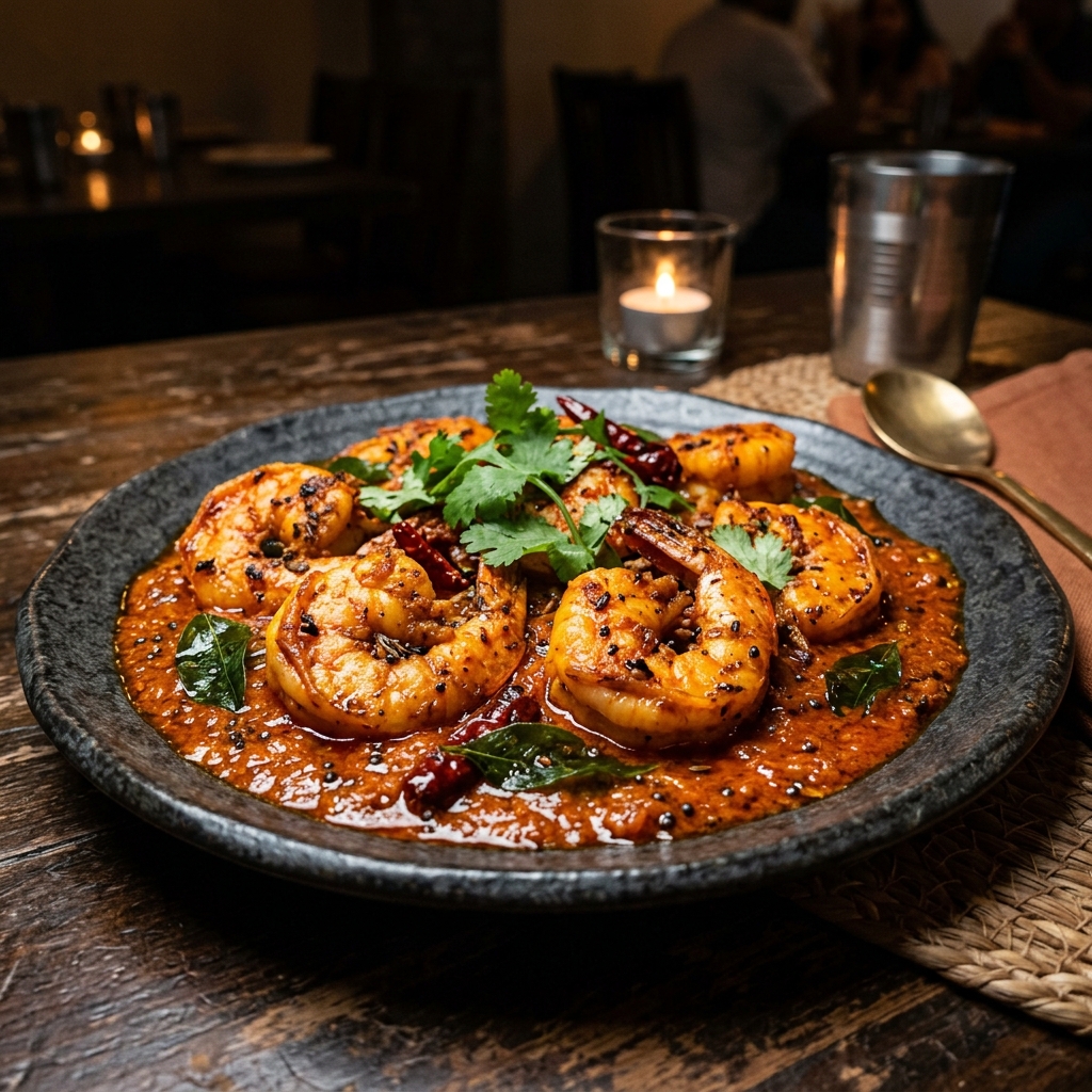 Andhra Prawn Masala Ã¢â‚¬â€ tiger prawns in fiery red masala with curry leaves and mustard seeds on dark ceramic plate