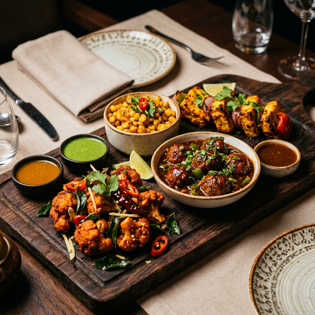 Vegetarian starters platter featuring Gobi 65, Crispy Corn, Veg Manchurian served on dark wooden board with chutneys